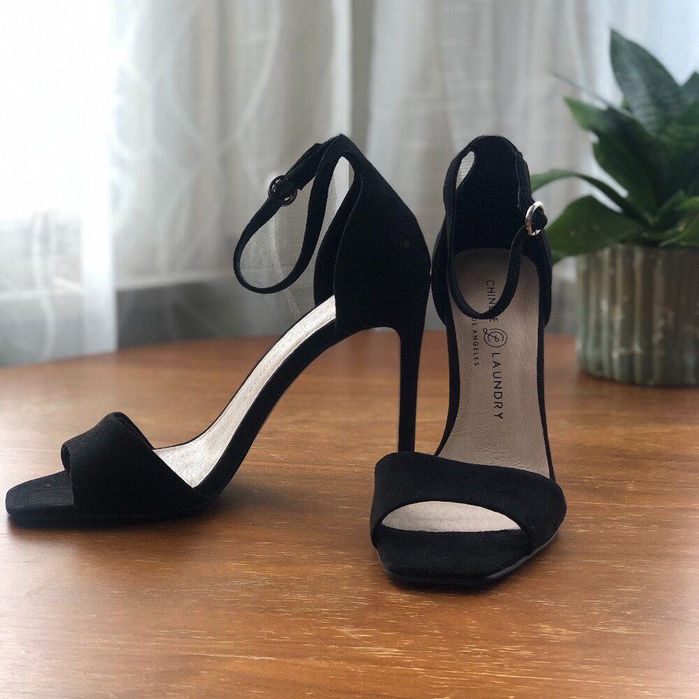 Black suede ankle strap high heel